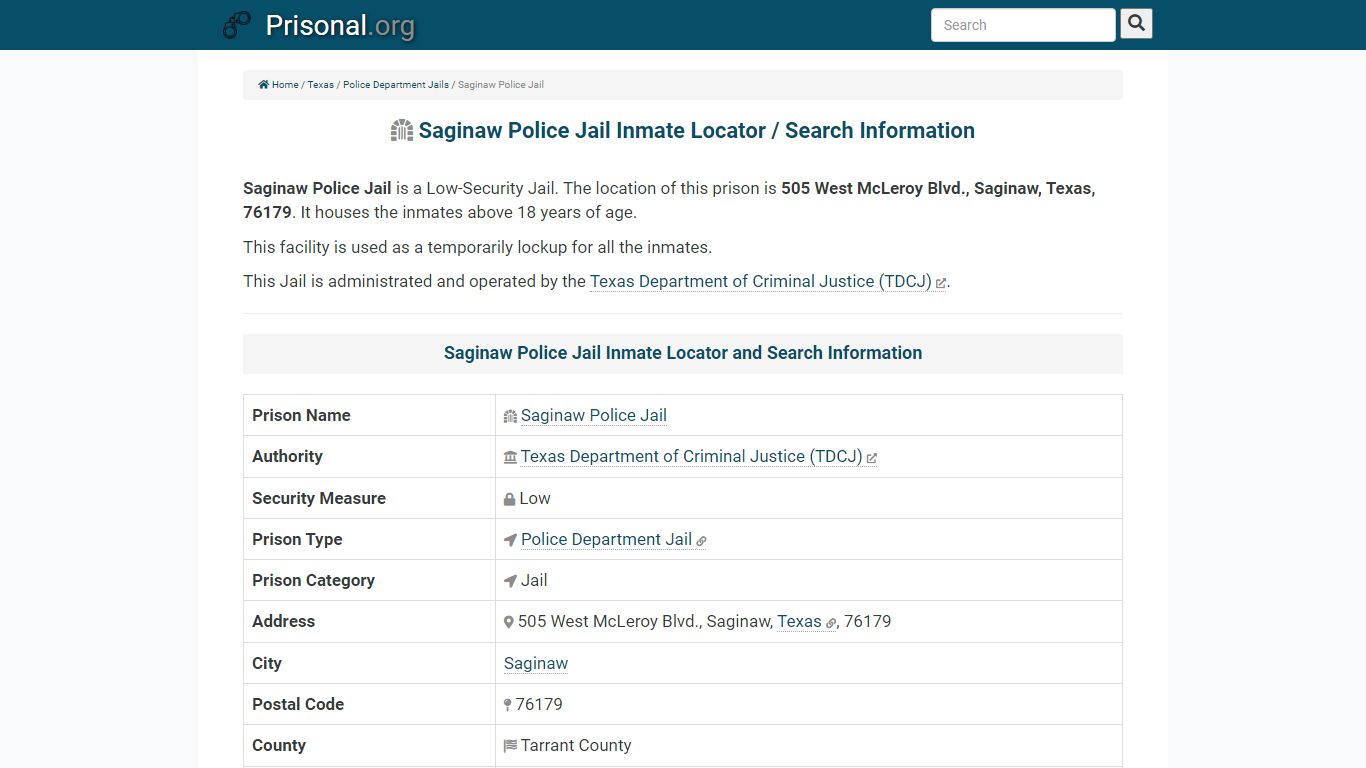 Saginaw Police Jail-Inmate Locator/Search Info, Phone, Fax ...